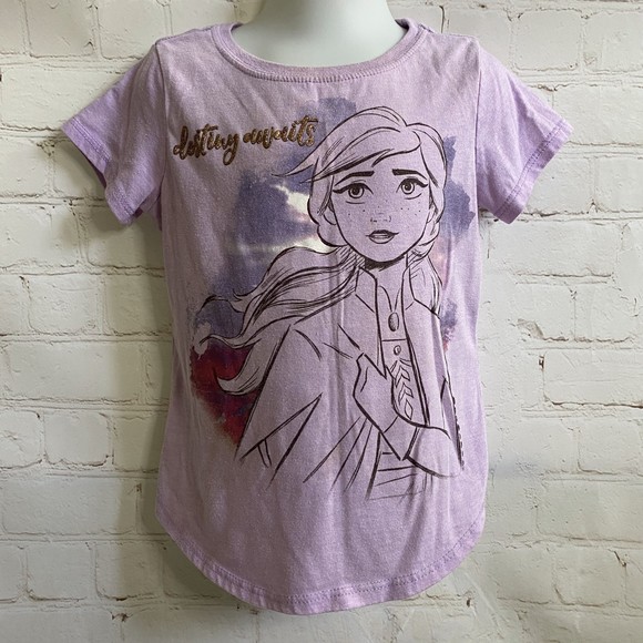 Disney Frozen II Princess Anna Destiny Awaits Purple/Gold Glitter Tee Shirt